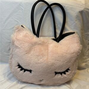 Betsy Johnson Plush Pink Cat Face Tote Bag with Black Handles